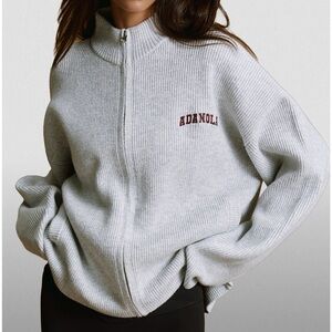 Adanola grey ribbed zip through knit sweatshirt